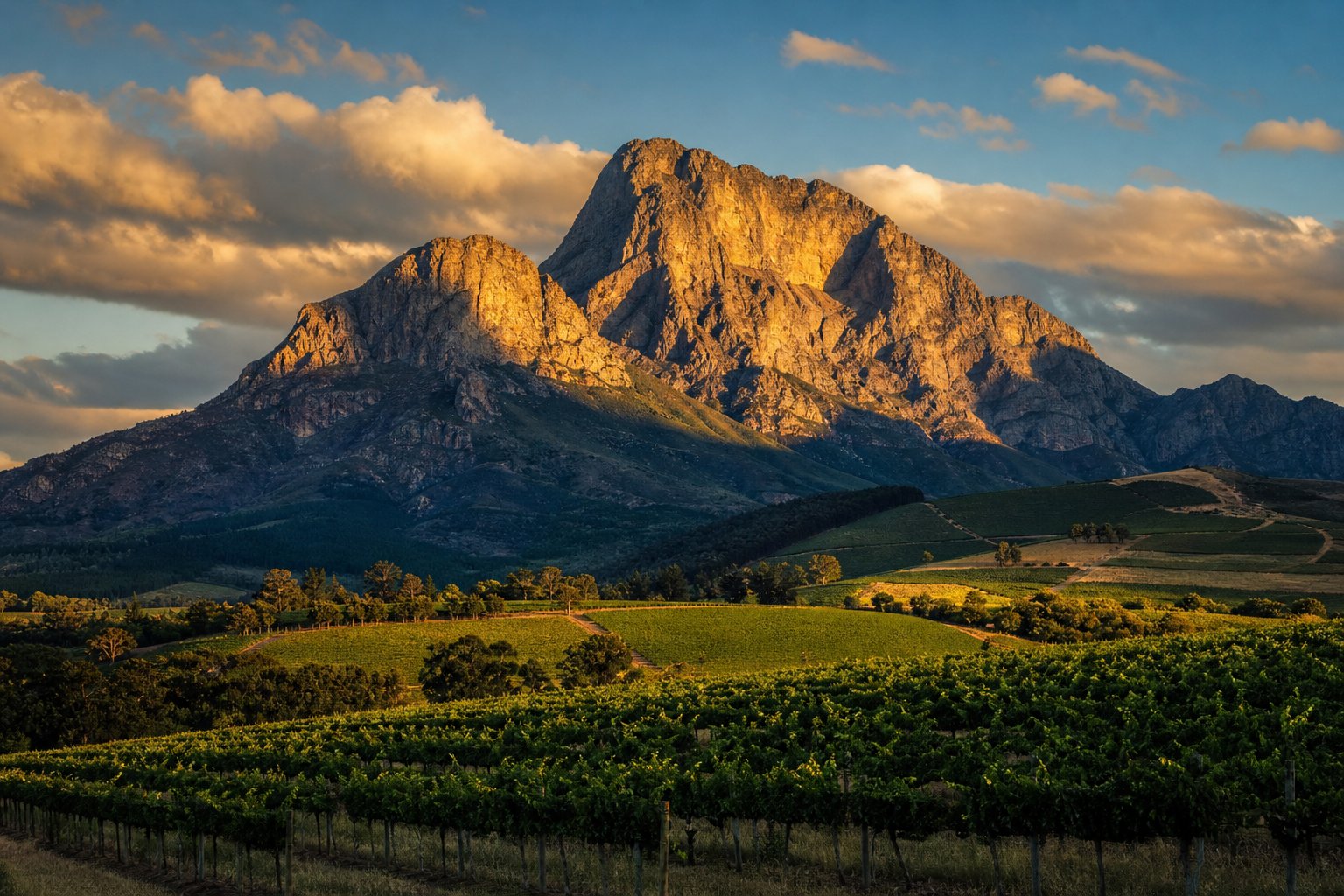 Paarl Rock and vineyards in the late light